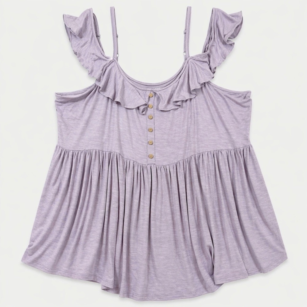 Torrid Super Soft Slub Babydoll Top Size 3 3X Purple Ruffle Cold Shoulder Plus
